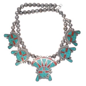 16.5&quot; 1970&#39;s Navajo sterling silver chip inlay sunface squash blossom necklace