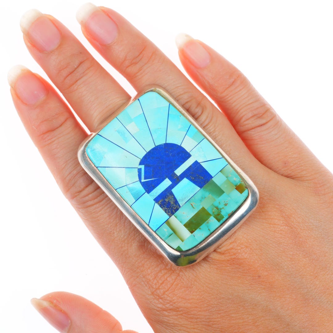 Desson Inlay Sz8 Calvin Desson Navajo Sterling Silver Turquoise Inlay Yei Size 8 ...