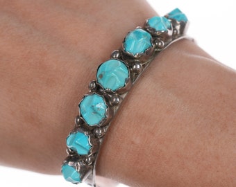 6 3/8" 40's-50's Zuni carved turquoise silver cuff bracelet