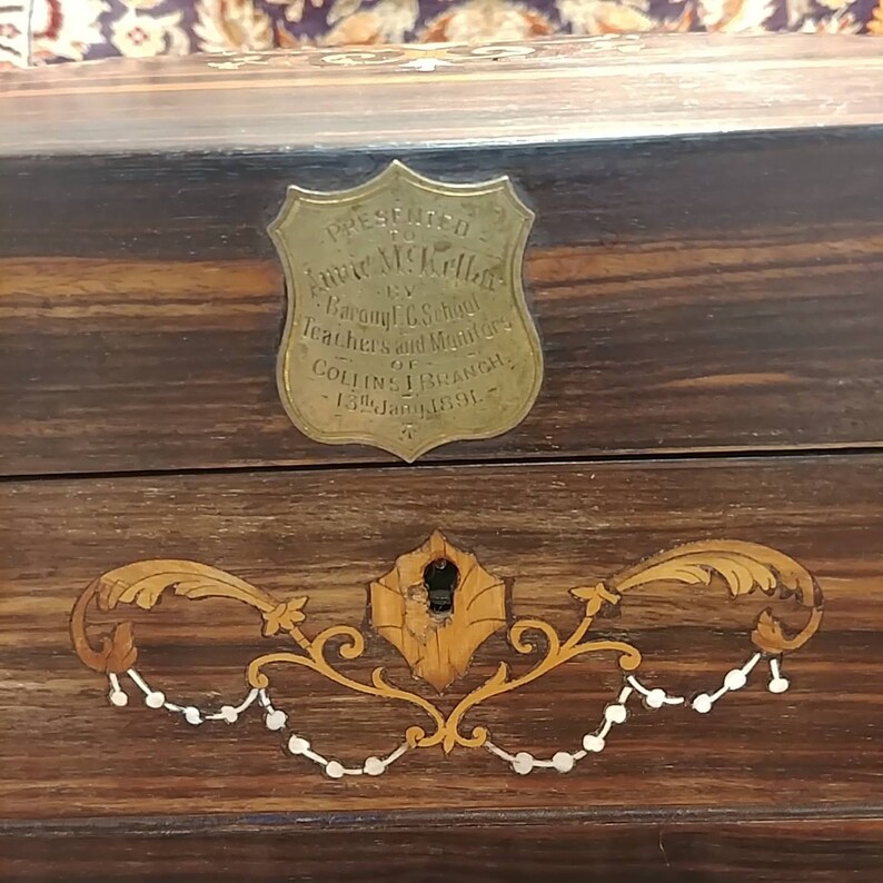 Presentation lap Desk To Branch 13th Jan 1891 Intricate inlay School Teachers and Monitors of Collins I Annie McKellar By Barony F.C