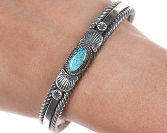 7" Ella Cowboy Navajo high grade turquoise twisted silver wire cuff bracelet