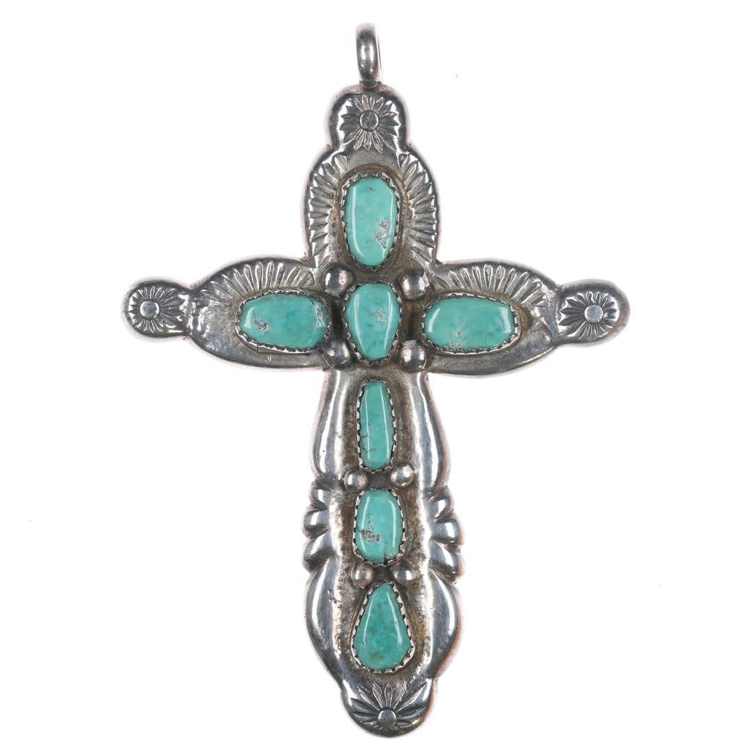 Horace Iule Zuni Large Silver And Turquoise Cross Etsy