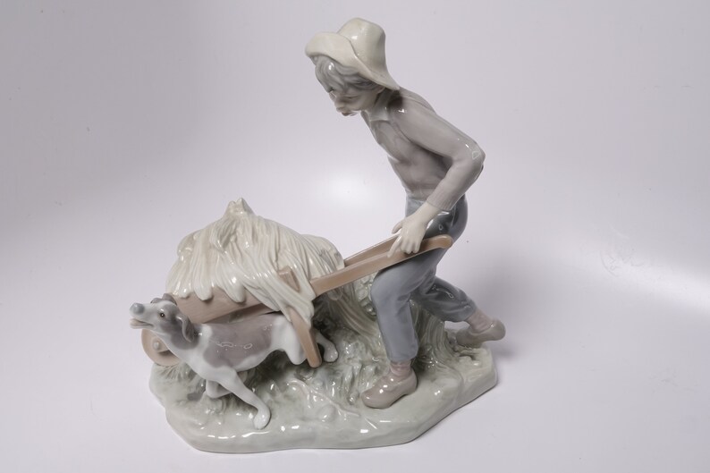 Lladro Boy with Wheelbarrow and Dog Figure 8.5