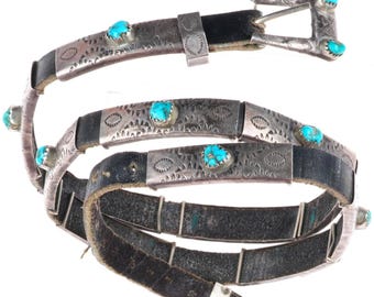 Cinta para sombrero estilo cinturón concho de cuero, de plata esterlina y turquesa, estilo Navajo vintage.