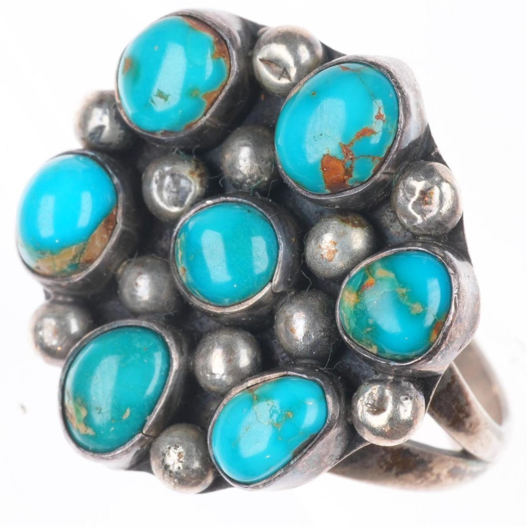Sz8.5 Vintage Navajo Blue Gem Turquoise Cluster Sterling Silver Ring - Etsy