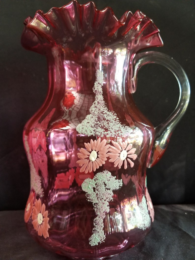 Antique Cranberry Enameled Water Pitcher 9.75 tall Etsy
