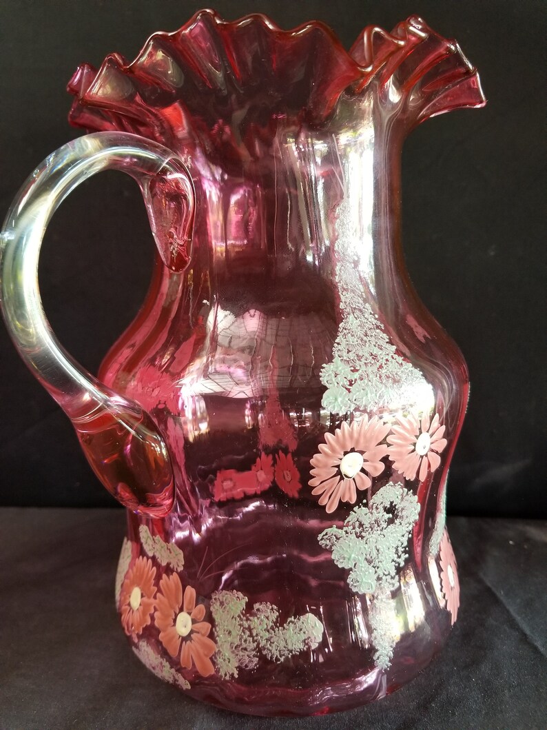 Antique Cranberry Enameled Water Pitcher 9.75 tall Etsy