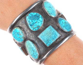 6.5" Frank Patania Sr #8 spiderweb Turquoise wide sterling silver cuff bracelet