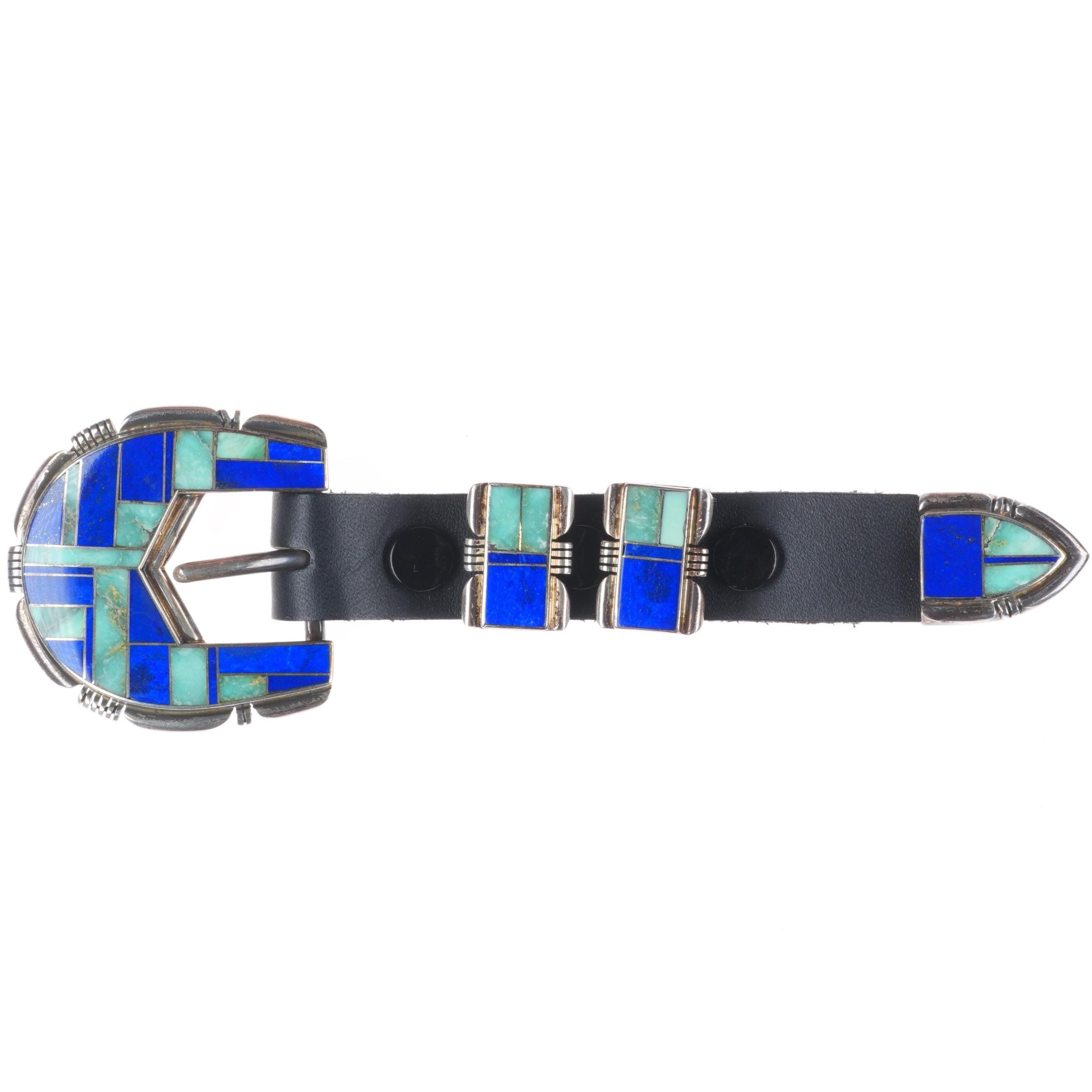Vintage Navajo Yazzie Sterling silver turquoise & lapis belt caballo leather Mark Yazzie Sterling Silver & Turquoise Buckle - Paige Leather main image 2