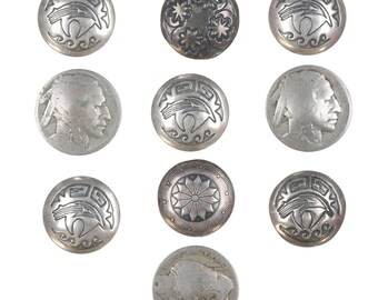 10 Vintage Southwestern Stamped Sterling and Buffalo nickel button covers