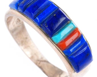 Benny Benally Vintage Sterling Silver Turquoise Coral Chip Cuff
