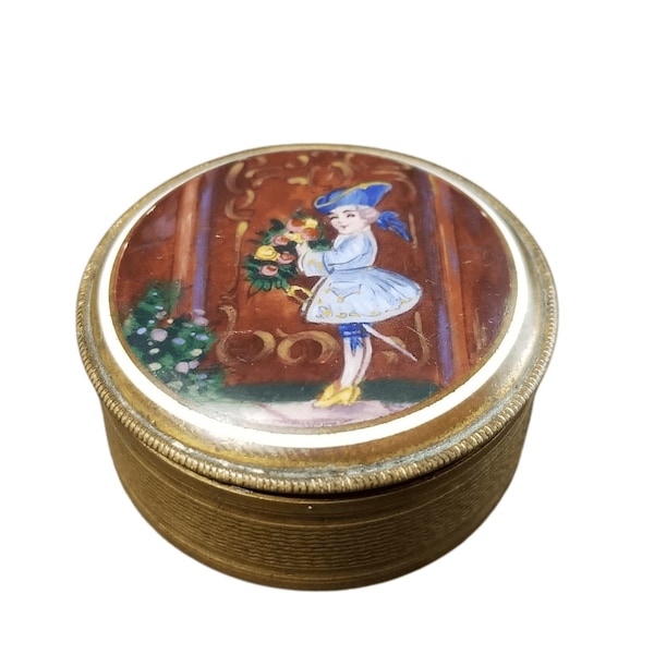 Antique French Enamel Pill Box Gilt Metal Dore Mounted Porcelain Signed 1 5/8" x