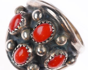sz9.5 vintage J Yazzie Navajo sterling silver coral cluster domed ring