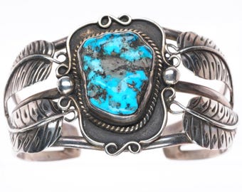 6.1" vintage Navajo sterling silver feather designs turquoise cuff bracelet