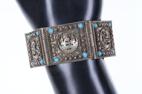 7" Vintage Turkish 900 silver filigree Bracelet w… - image 1