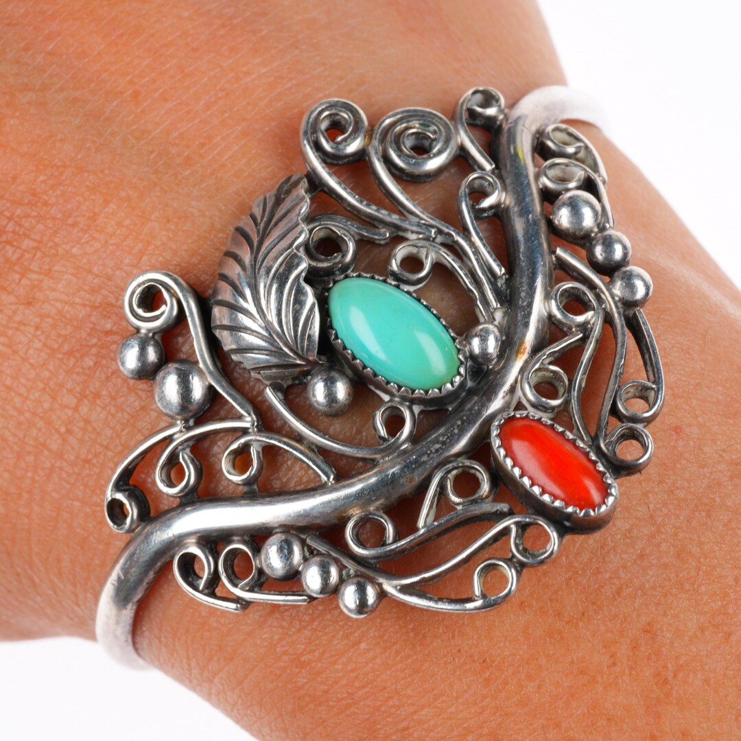6" Vintage Navajo Sterling Silver Turquoise and Coral Filigree Cuff ...