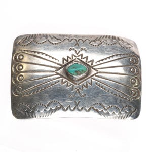 JS Vintage Navajo sterling silver turquoise belt buckle hand stamped