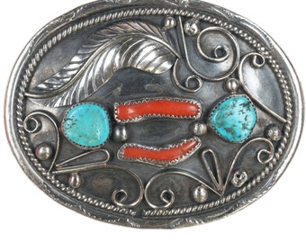 Vintage Navajo sterling turquoise and coral belt buckle