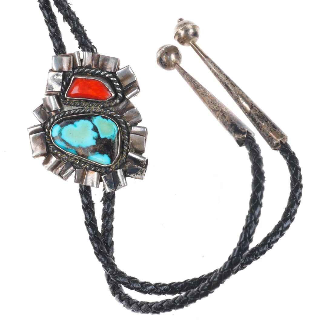 Vintage Navajo Sterling Silver Turquoise/coral Bolo Tie With Brutalist ...