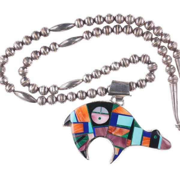 Frank Yellowhorse Navajo sterling silver Multi-stone intarsia inlay bear pendant