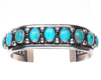 7.3" Heavy vintage Navajo sterling silver turquoise row cuff bracelet
