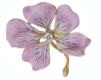 c1910 Antique Diamond 14k Enamel Flower pin