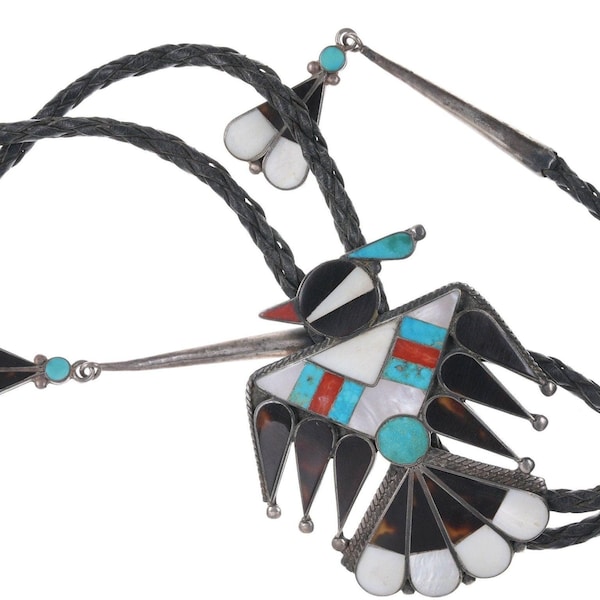 1950's Large Zuni Sterling silver Inlaid Thunderbird Bolo Tie