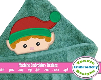 Elf Peeker Hooded Towel Machine Embroidery Applique Design Santa's little helper