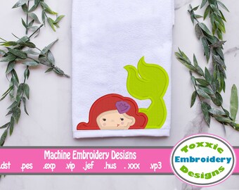 Mermaid Peeker, Hooded Towel, Machine Embroidery, Applique, 4x4 hoop, 5x7 hoop, little, child, pes, Jef