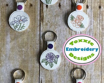 Various Flower SnapTab Key Chains machine embroidery, peeker, 4x4 hoop, 5x7 hoop, brother, janome