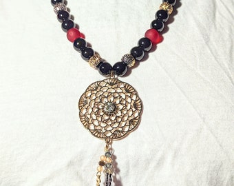 Black and Red Necklace w/Gold Mandala and Scripted Words