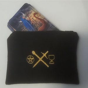 ZIPPER CARD CASE with Tarot Suit symbols - Any Color, Any Size, bag, deck, card, cards, pouch, Tarot, oracle, embroidery