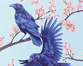 Murder in Spring 11x17 Print - Crow Art Cherry Blossom Crows Birds Home Decor Poster Painting Tree springtime flowers