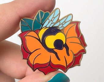 Bumble Bum - Orange - Hard Enamel - Lapel Pin - bumblebee bee insect flower brooch jewelry cute bug bees gold colorful