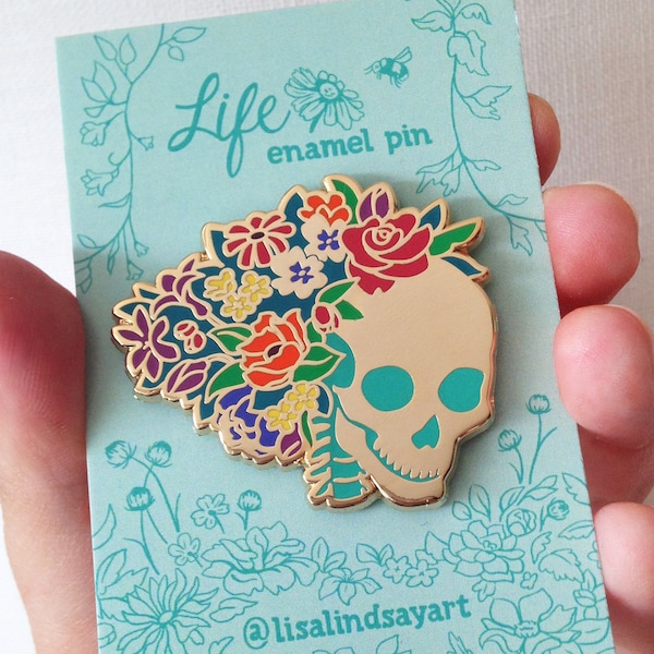 Life - Flower Skeleton - Hard Enamel - Lapel Pin - skull brooch gold colorful jewelry pins macabre
