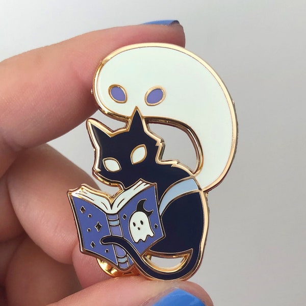 Ghost Stories - Glow in the Dark - Spooky Cat and Ghost Reading a Book - Hard Enamel Pin