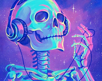 Lo-fi for Skeletons 11x17 Holo Print - Holographic Acrylic Painting Art Reproduction Skeleton Skull Music Space Cosmos Colorful Poster