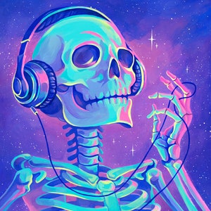 Lo-fi for Skeletons 11x17 Holo Print - Holographic Acrylic Painting Art Reproduction Skeleton Skull Music Space Cosmos Colorful Poster