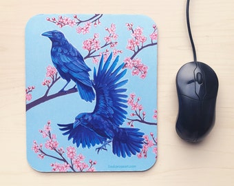 Murder in Spring - Mousepad Mouse Pad Fabric Rubber Backed Home Office Gift crows crow raven ravens cherry blossoms sakura flowers