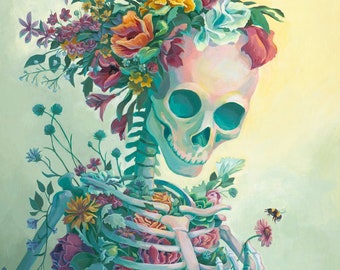 Life 11x17 Print - Acrylic Painting Art Reproduction Skeleton Flowers Bouquet Death Bee Creepy Pretty Colorful Colors Poster