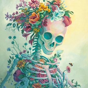 Leven 11 x 17 print - Acryl schilderij kunst reproductie skelet bloemen boeket Death Bee griezelig mooie kleurrijke kleuren poster