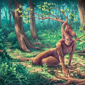 Könnte beinhalten: Eine Frau mit einem Baumstammkörper und Ästen als Haar sitzt in einem Wald. Ihre Haut ist wie Rinde strukturiert und sie hat einen sanften Ausdruck. Der Wald ist üppig und grün, mit Sonnenlicht, das durch die Bäume fällt.