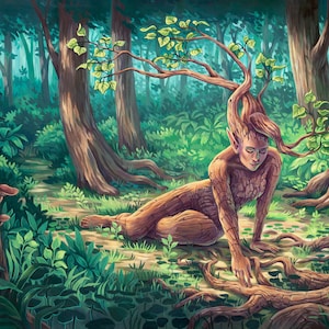 Könnte beinhalten: Ein künstlerisches Gemälde einer Waldszene mit einer humanoiden Figur aus Holz, mit einem baumartigen Kopf und Blättern. Die Figur liegt auf dem Waldboden, umgeben von Bäumen, grünem Laub und Pilzen. Das Kunstwerk hat ein Fantasy-Thema.