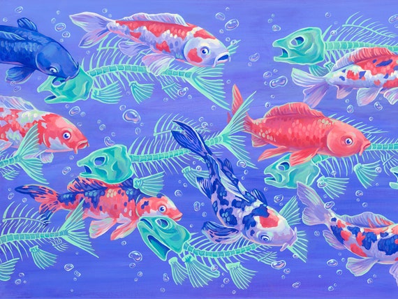 Ebb & Flow 24x18 Print - Koi Fish Bones Acrylic Painting Art Reproduction SkeletonCreepy Pretty Colorful Colors Poster Underwater fishies