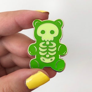Green X-Ray Gummy Bear - GLOW in the DARK - Hard Enamel Pin -  Yummy Bones Gummie Bears Cute Candy Skull Skeleton