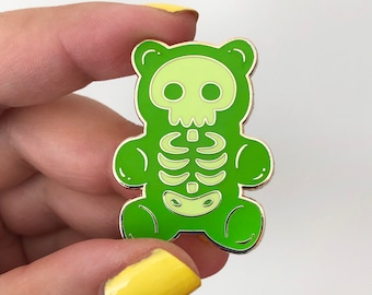 Green X-Ray Gummy Bear - GLOW in the DARK - Hard Enamel Pin -  Yummy Bones Gummie Bears Cute Candy Skull Skeleton