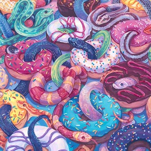 May include: A vibrant illustration featuring donuts and snakes. The donuts are adorned with colourful sprinkles and icing in shades of pink, blue, and green. Snakes are entwined with the donuts, their bodies wrapped around them.