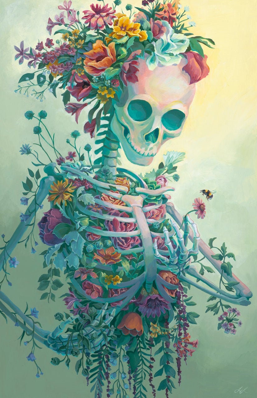 Skeleton drawing with flowers