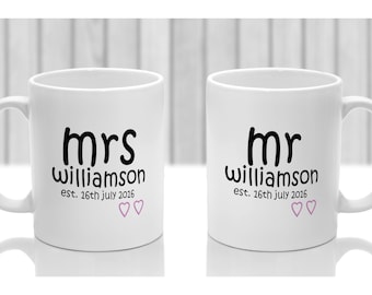 Husband and wife gift mugs x 2 personalised. Ideal present for bride and groom with mr mrs name and date or anniversary