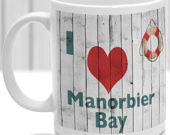 Manorbier Bay mug, Gift to remember Wales, Ideal present,custom design.